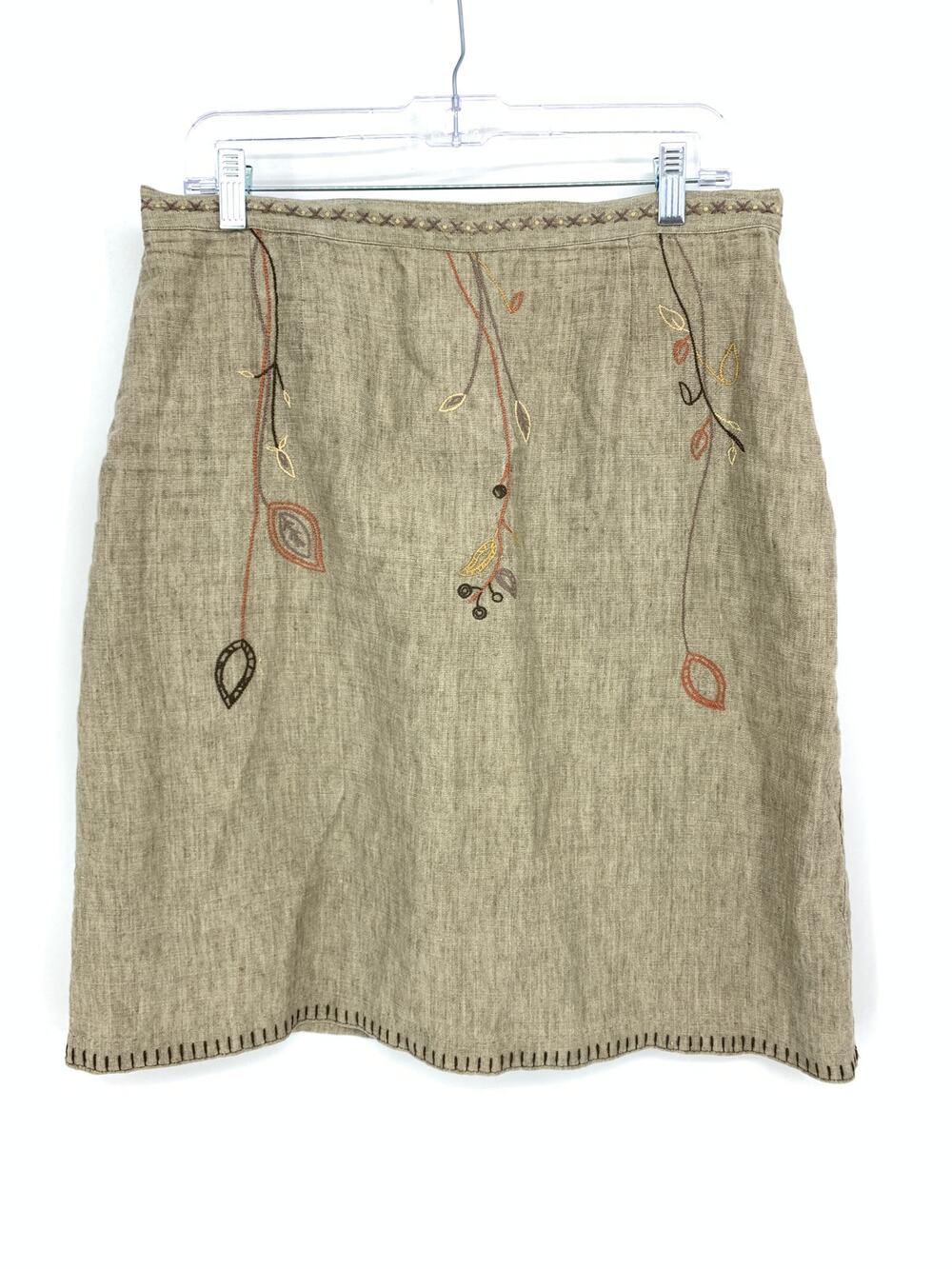 Vintage J. Jill A-Line Skirt Womens 14P Khaki Linen Embroidered Leaf Print
